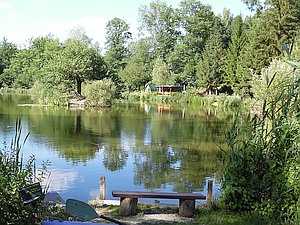 Blick über den Teich zur Uferhütte.